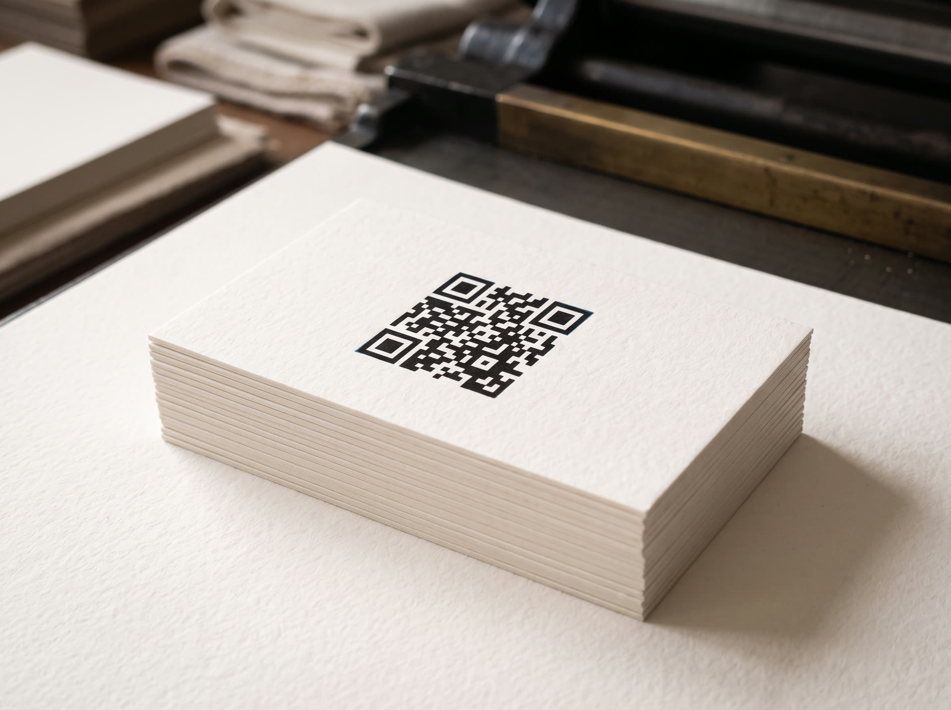 Een stapel versgedrukte kaartjes met een QR-code, naast een drukpers.