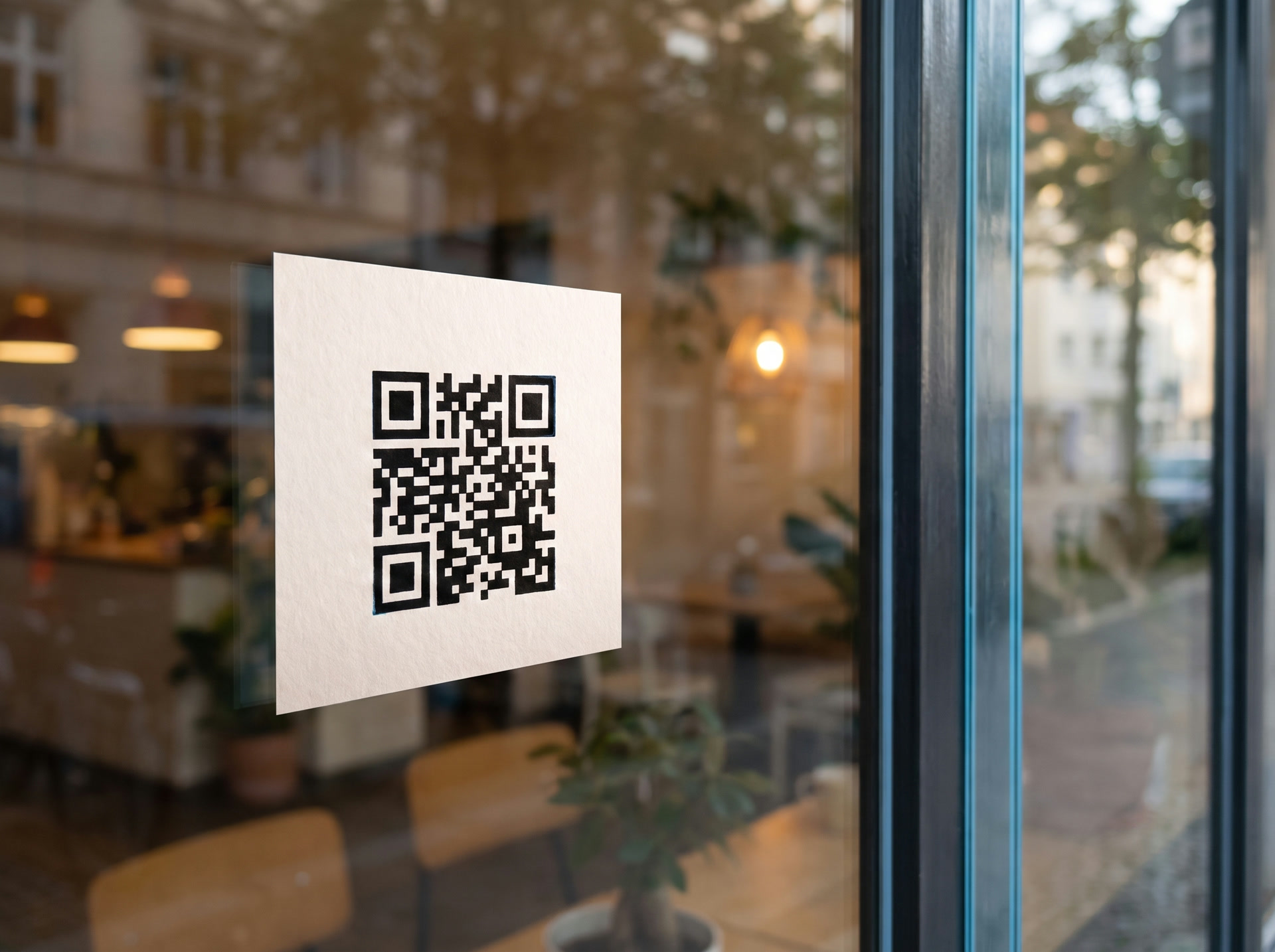 Een sticker met een QR-code op een winkelruit, gezien vanaf straat.