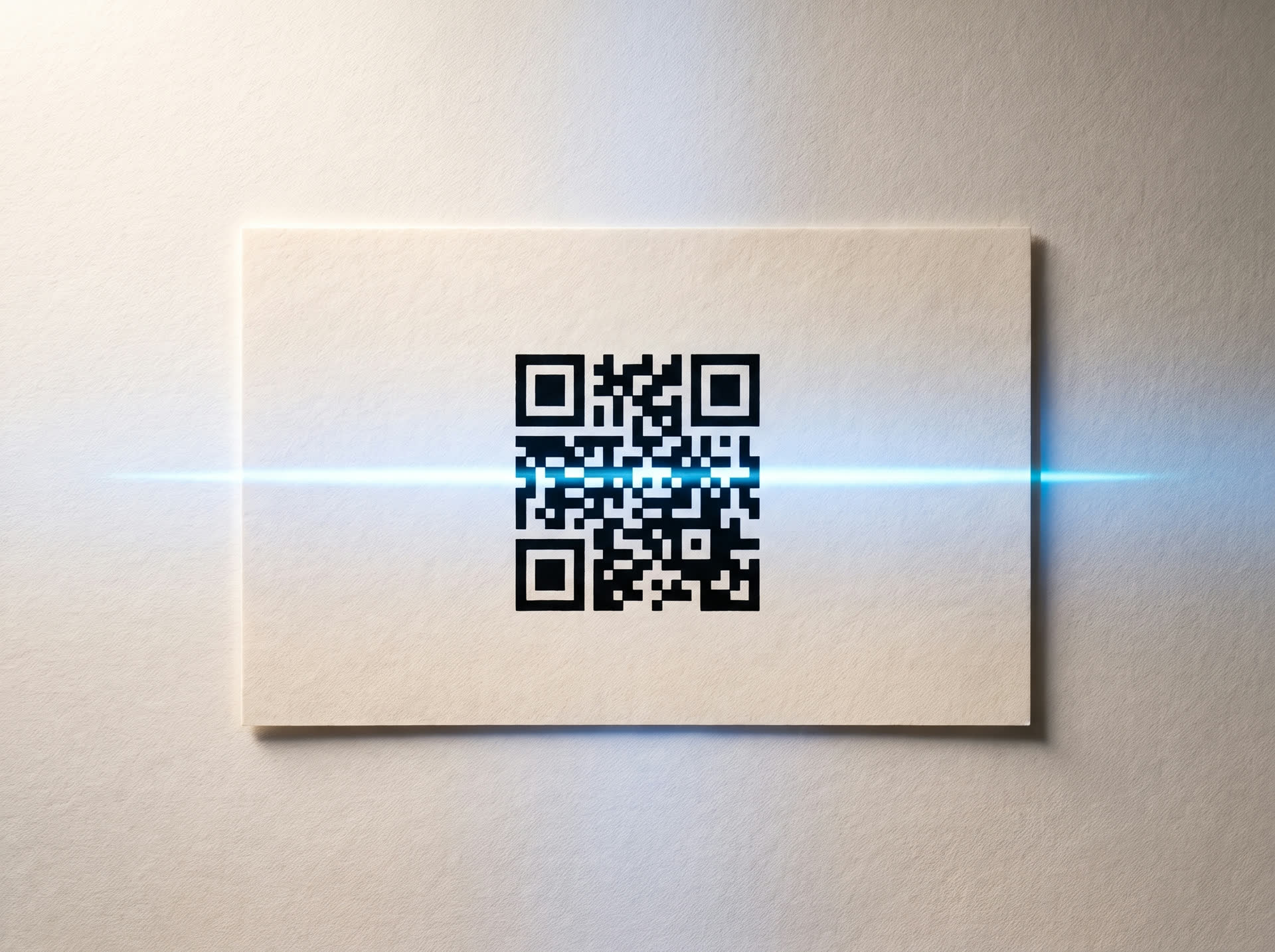 Een gedrukt kaartje met een QR-code waar een blauwe scanlijn overheen gaat.